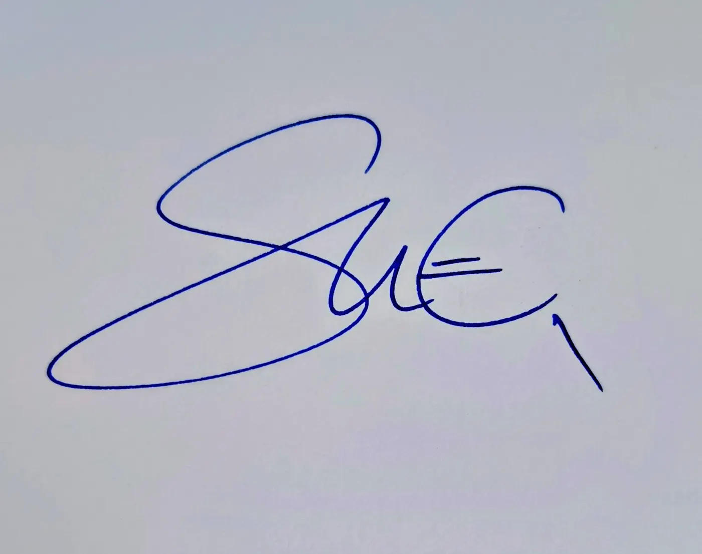 Handgeschriebene Unterschrift "Sue" mit blauem Kugelschreiber auf weissem Papier
