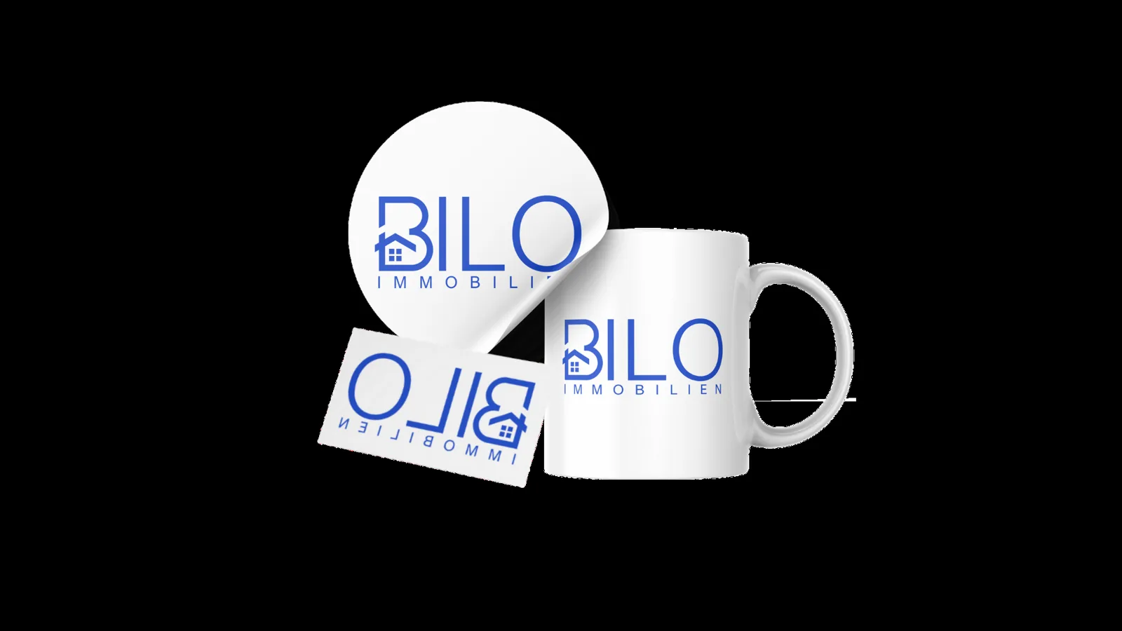 BILO Immobilien Logo auf Kaffeetasse, Sticker und Karte