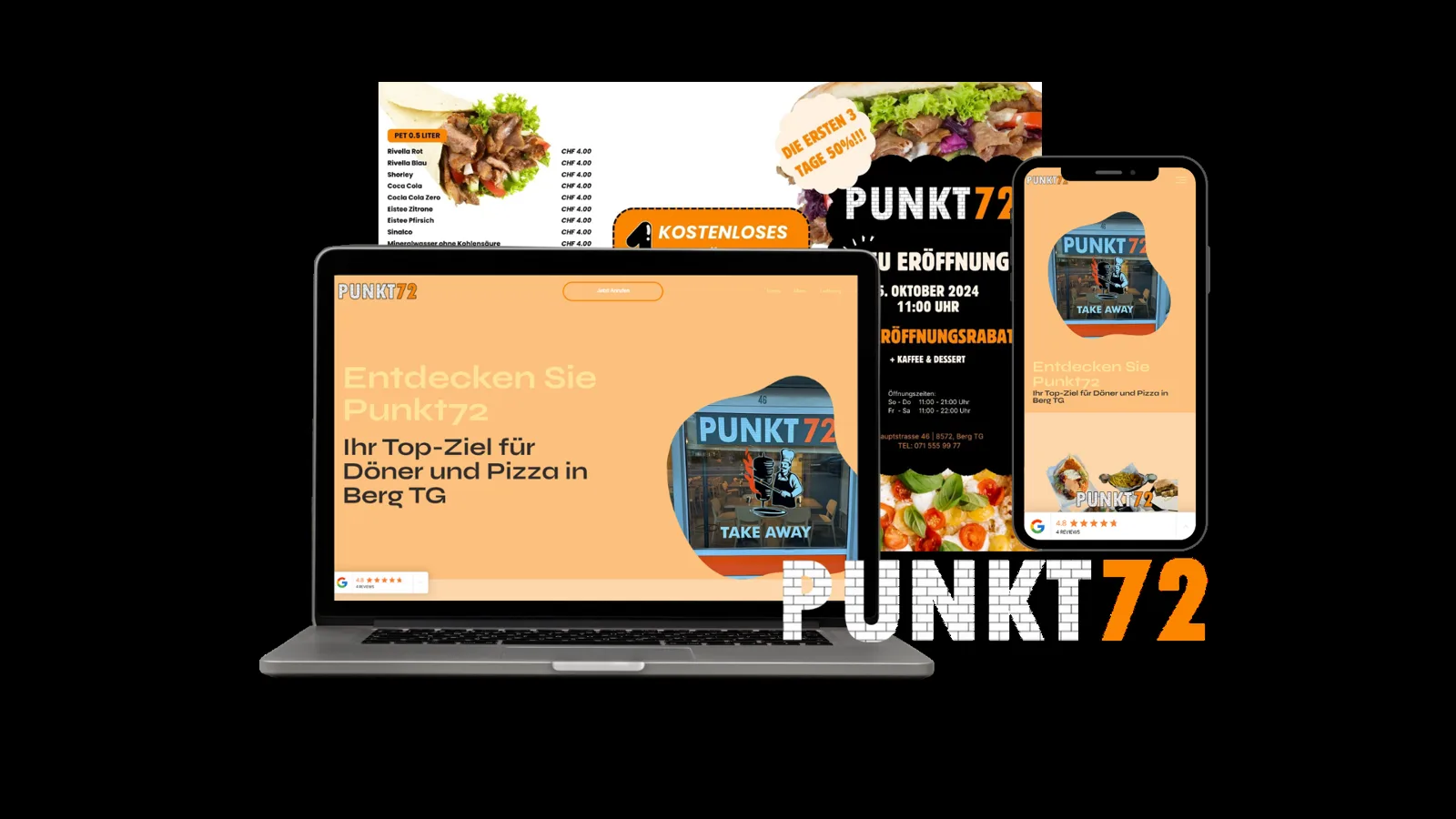 Website, Speisekarte und Flyer von Punkt72 auf Laptop und Smartphone